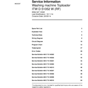 Indesit itw d 51052 w rf service manual cover from Whirlpool emea customer services with model code, manual creation date, manual contents,