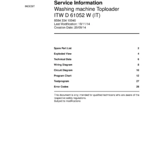 Indesit itw d 61052 w it service manual cover from Whirlpool emea customer services with model code, manual creation date, manual contents,