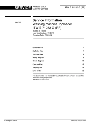 Indesit itw e 71252 g rf service manual cover from Whirlpool emea customer services with model code, manual creation date, manual contents,