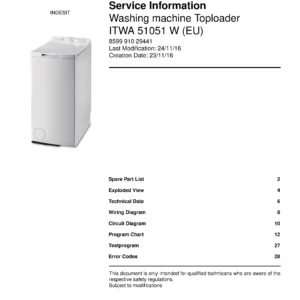 Indesit itwa 51051 w eu service manual cover from Whirlpool emea customer services with model code, manual creation date, manual contents,