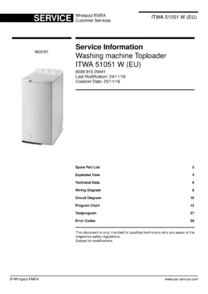 Indesit itwa 51051 w eu service manual cover from Whirlpool emea customer services with model code, manual creation date, manual contents,