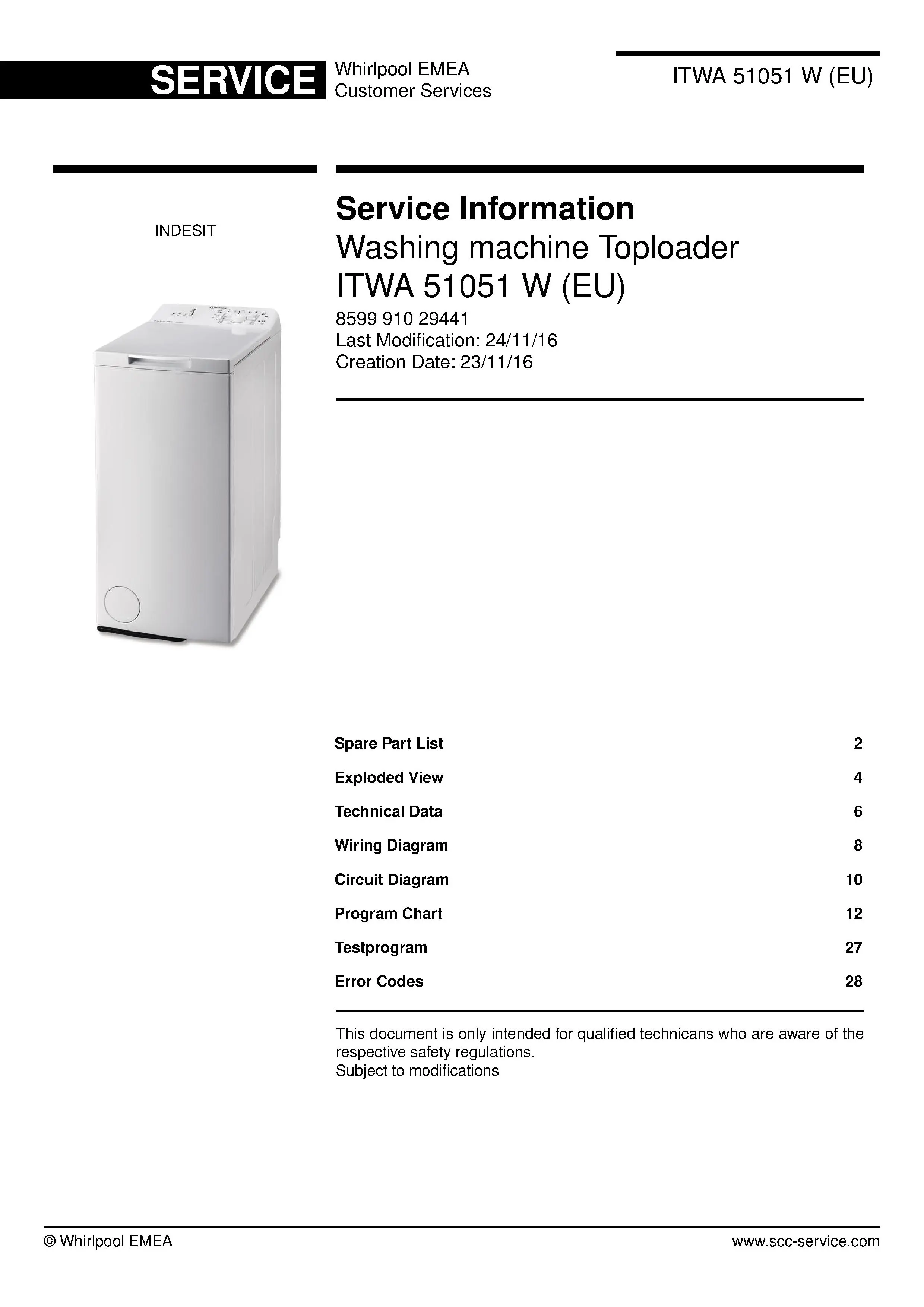 Indesit itwa 51051 w eu service manual cover from Whirlpool emea customer services with model code, manual creation date, manual contents,
