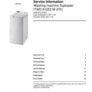 Indesit itwd 61253 w fr service manual cover from Whirlpool emea customer services with model code, manual creation date, manual contents,