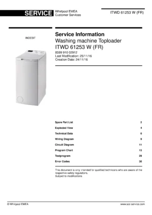 Indesit itwd 61253 w fr service manual cover from Whirlpool emea customer services with model code, manual creation date, manual contents,