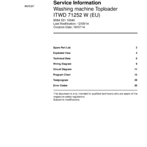 Indesit itwd 71252 w eu service manual cover from Whirlpool emea customer services with model code, manual creation date, manual contents,