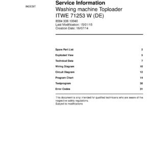Indesit itwe 71253 w de service manual cover from Whirlpool emea customer services with model code, manual creation date, manual contents,