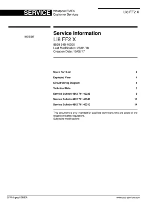 Indesit li8 ff2 x service manual cover with model code number, manual contents and publication date