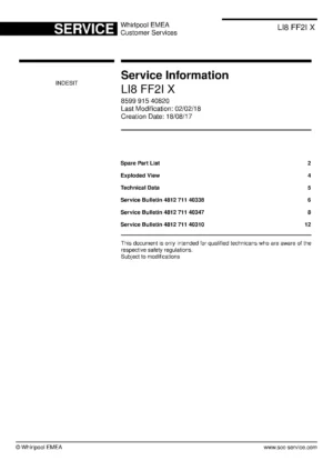 Indesit li8 ff2i x service manual cover with model code number, manual contents and publication date