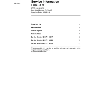 Indesit lr6 s1 x service manual cover with model code number, manual contents and publication date
