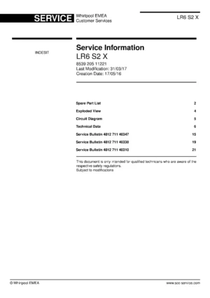Indesit lr6 s2 x service manual cover with model code number, manual contents and publication date