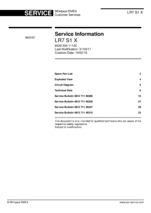 Indesit lr7 s1 x service manual cover with model code number, manual contents and publication date