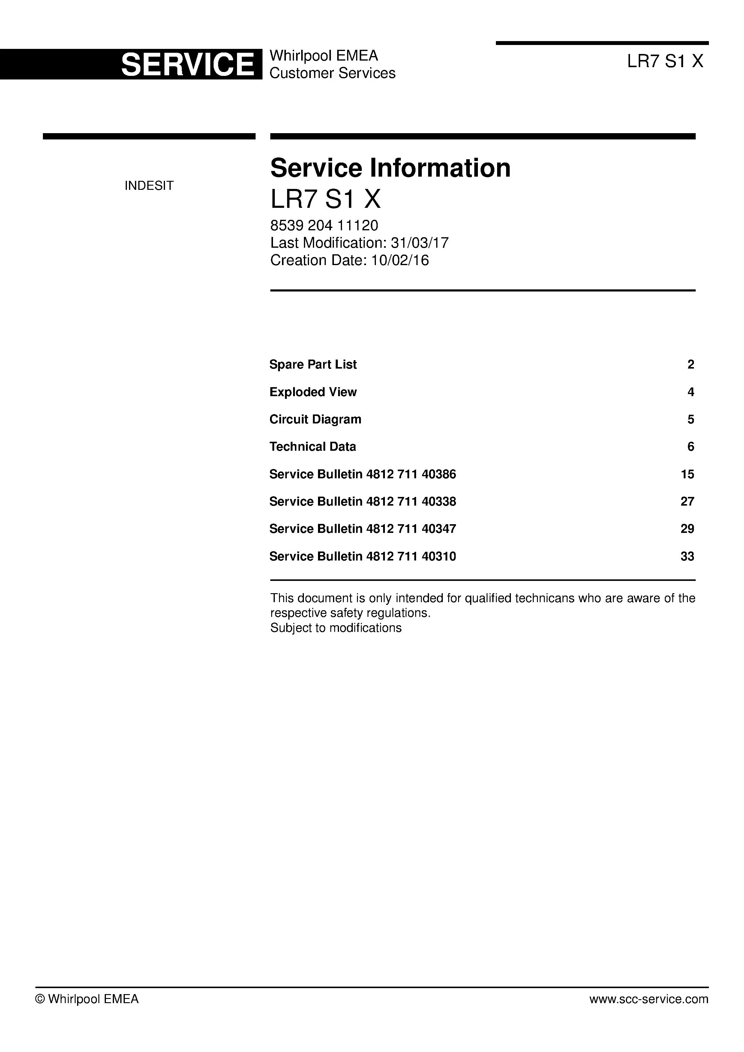 Indesit lr7 s1 x service manual cover with model code number, manual contents and publication date