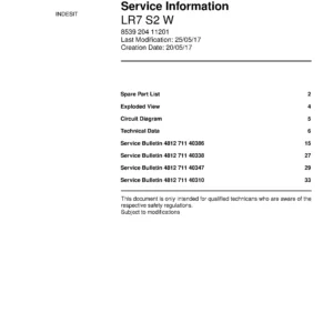 Indesit lr7 s2 w service manual cover with model code number, manual contents and publication date