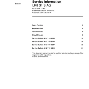 Indesit lr8 s1 s aq service manual cover with model code number, manual contents and publication date