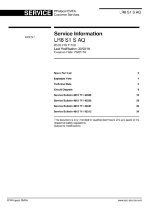 Indesit lr8 s1 s aq service manual cover with model code number, manual contents and publication date