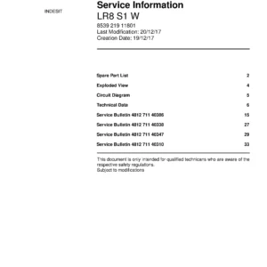 Indesit lr8 s1 w service manual cover with model code number, manual contents and publication date