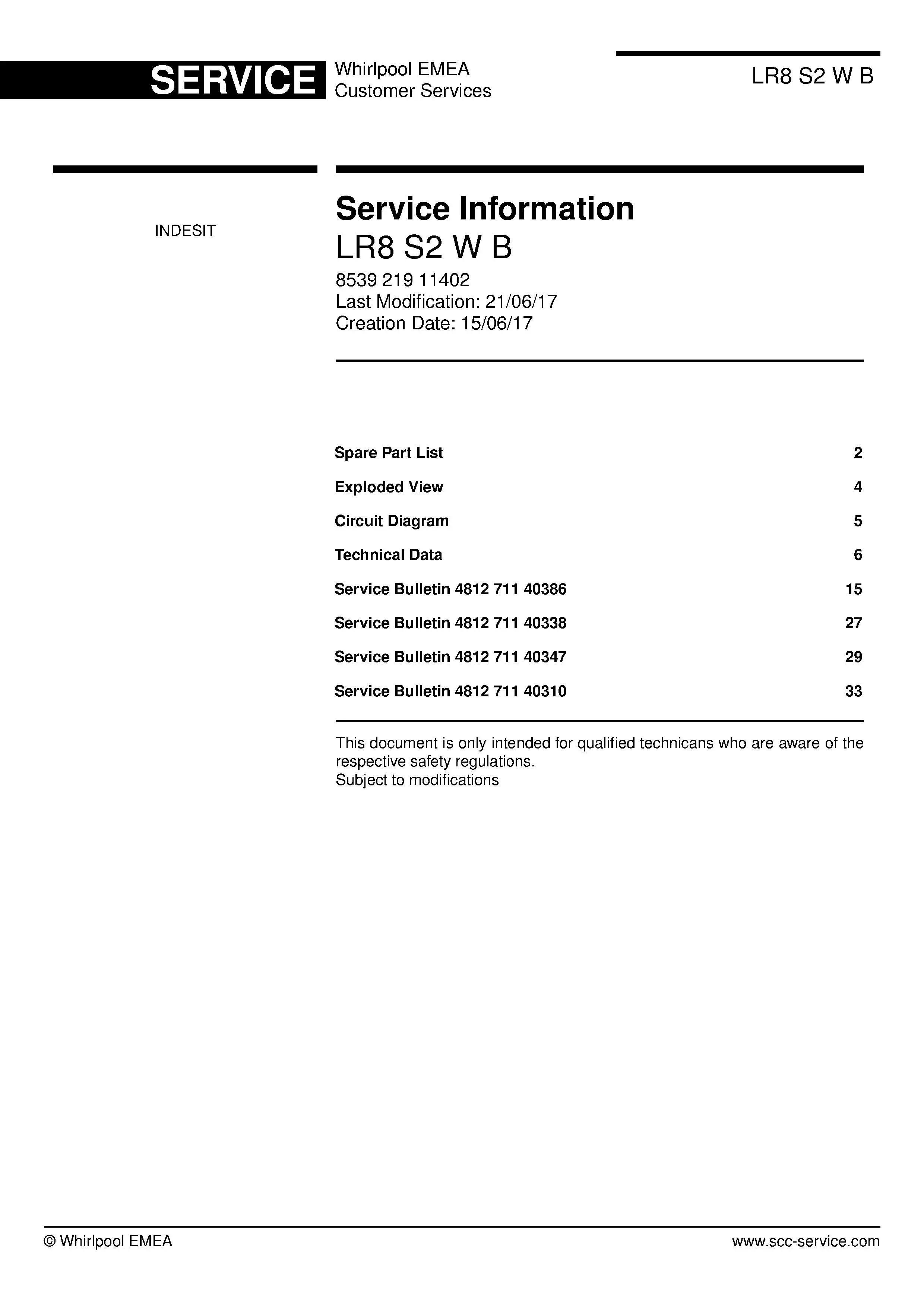Indesit lr8 s2 w b service manual cover with model code number, manual contents and publication date