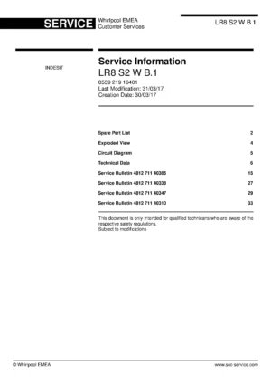 Indesit lr8 s2 w b.1 service manual cover with model code number, manual contents and publication date