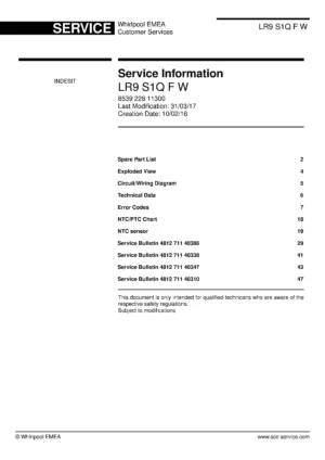 Indesit lr9 s1q f w service manual cover with model code number, manual contents and publication date