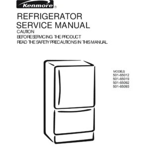 Kenmore 501 65012 65013 65092 65093 service manual cover with model code and showing a line drawing of the refrigerator