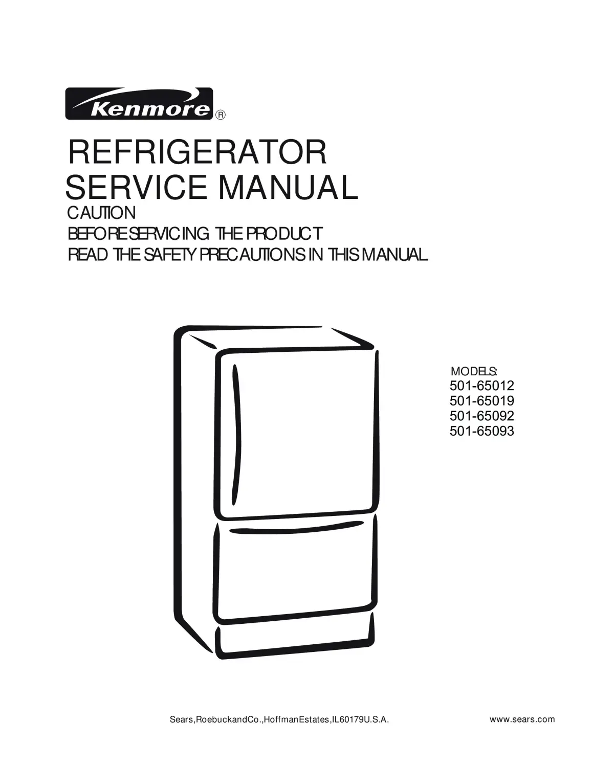 Kenmore 501 65012 65013 65092 65093 service manual cover with model code and showing a line drawing of the refrigerator