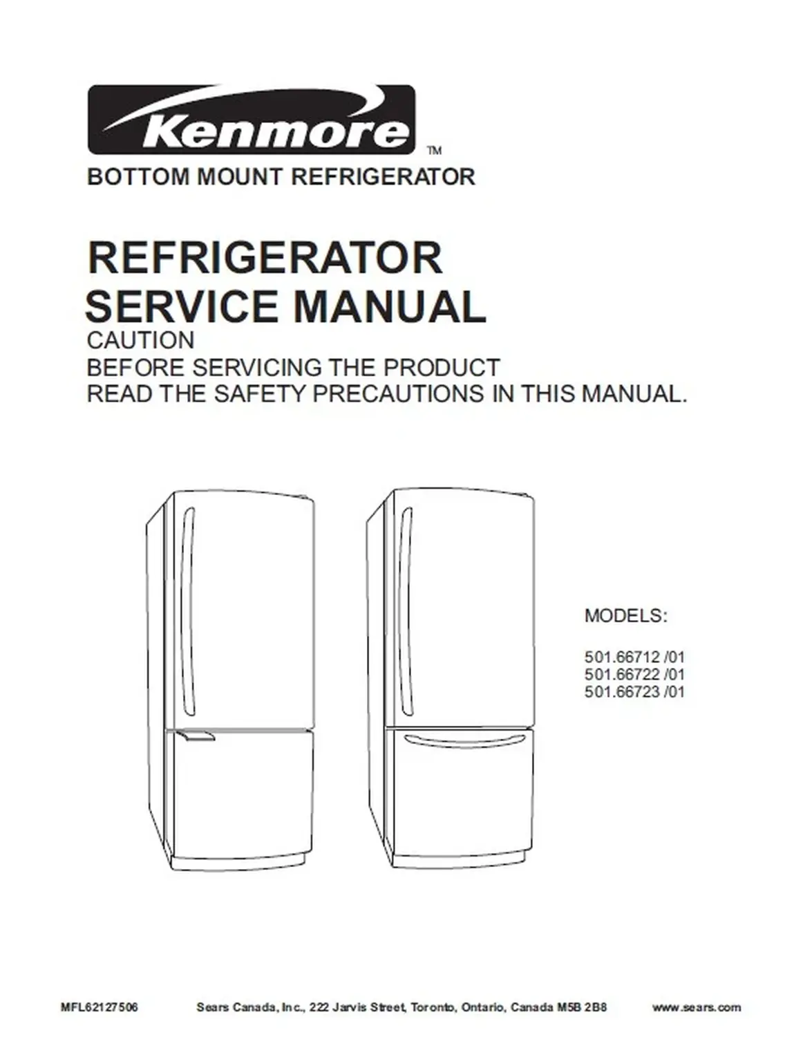 Kenmore 501 66712 66722 66723 01 service manual cover with model code and showing a line drawing of the refrigerator