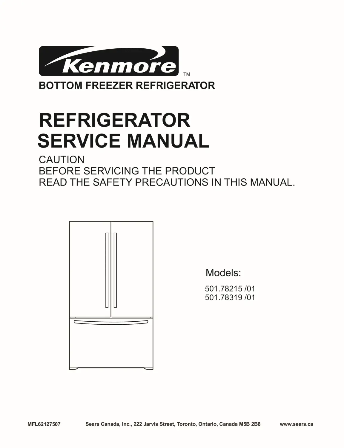 Kenmore 501 78215 78319 service manual cover with model code and showing a line drawing of the refrigerator