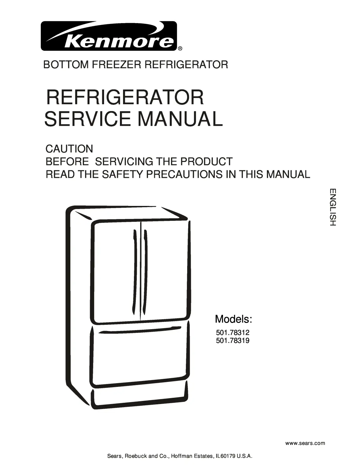 Kenmore 501 78312 78319 service manual cover with model code and showing a line drawing of the refrigerator