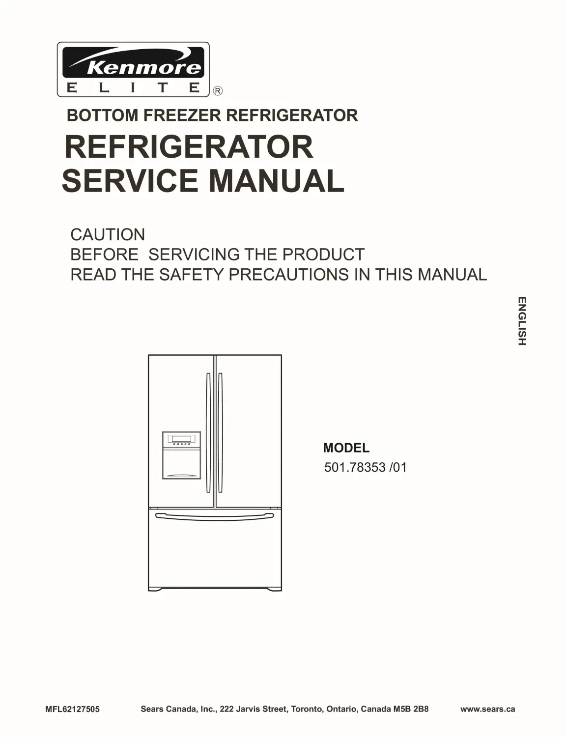 Kenmore 501 78353 service manual cover with model code and showing a line drawing of the refrigerator