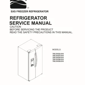 Kenmore 795 51032 51033 51034 51036 51039 010 models service manual cover with model code and showing a line drawing of the refrigerator