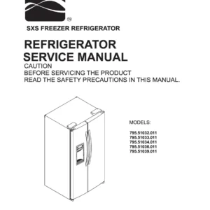 Kenmore 795 51032 51033 51034 51036 51039 011 models service manual cover with model code and showing a line drawing of the refrigerator