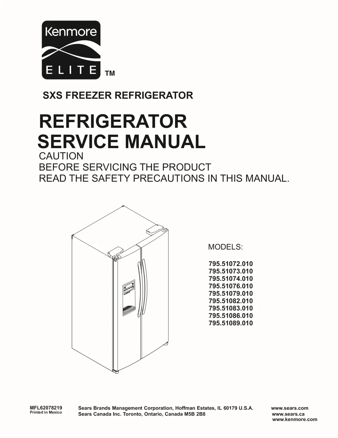 Kenmore 795 51082 51083 51086 51089 010 models service manual cover with model code and showing a line drawing of the refrigerator
