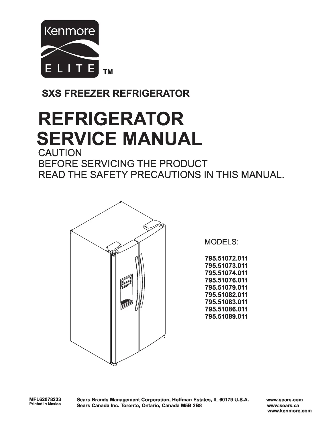 Kenmore 795 51082 51083 51086 51089 011 models service manual cover with model code and showing a line drawing of the refrigerator