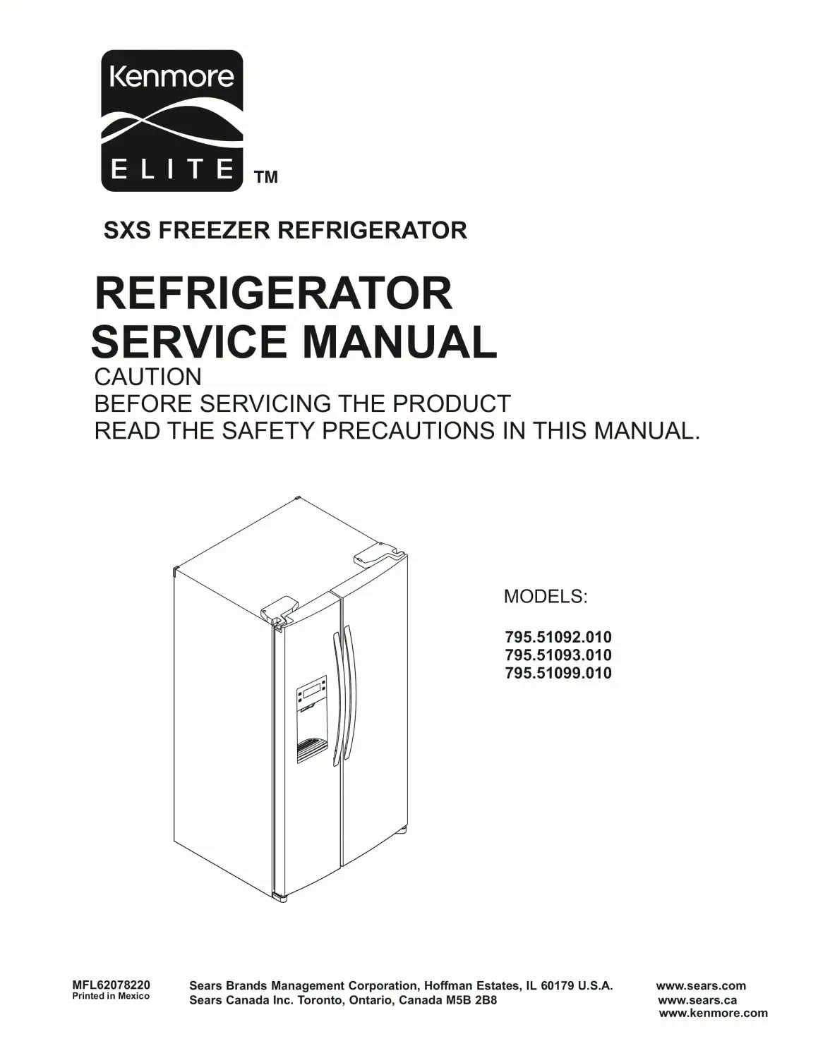 Kenmore 795 51092 51093 51099 010 models service manual cover with model code and showing a line drawing of the refrigerator