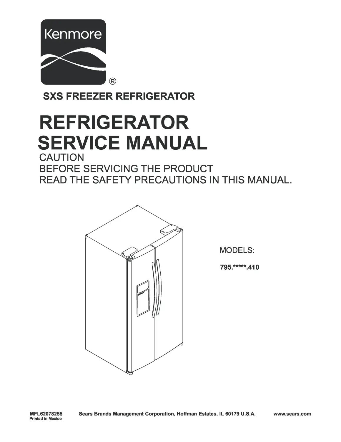Kenmore 795 5131 5132 410 models service manual cover with model code and showing a line drawing of the refrigerator
