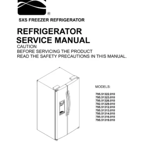 Kenmore 795 51322 51323 51326 51329 010 models service manual cover with model code and showing a line drawing of the refrigerator