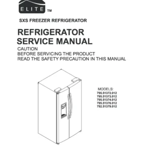 Kenmore 795 51372 51373 51374 51376 51379 012 models service manual cover with model code and showing a line drawing of the refrigerator