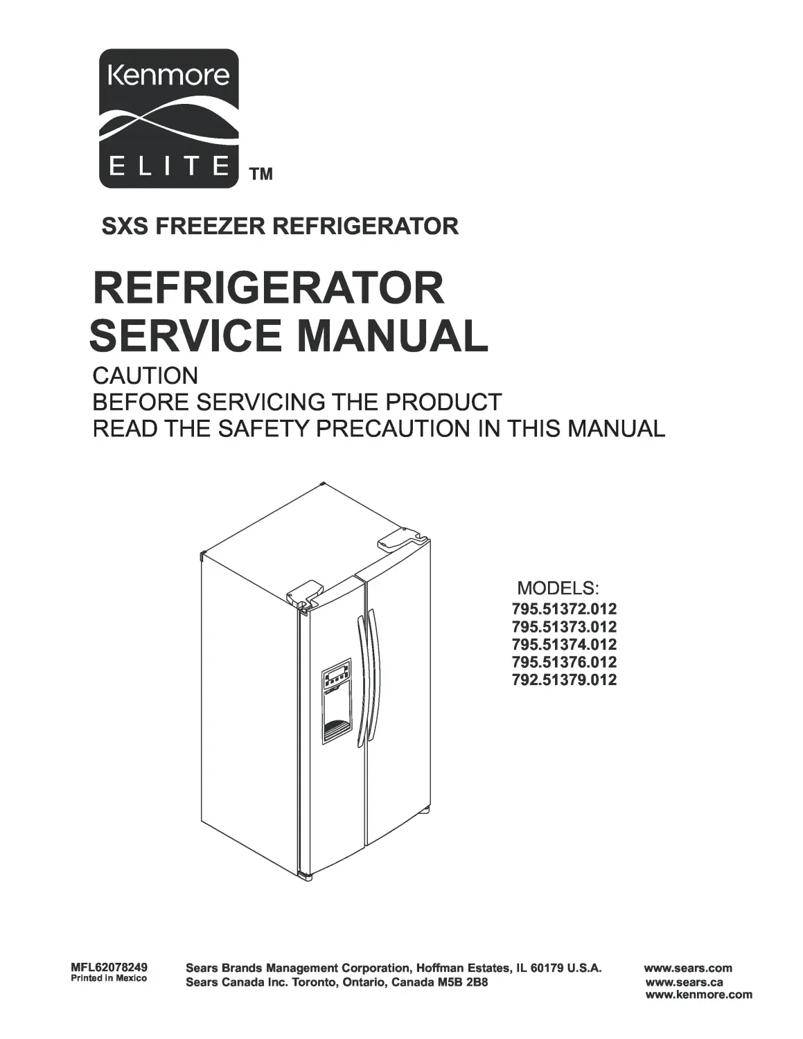 Kenmore 795 51372 51373 51374 51376 51379 012 models service manual cover with model code and showing a line drawing of the refrigerator