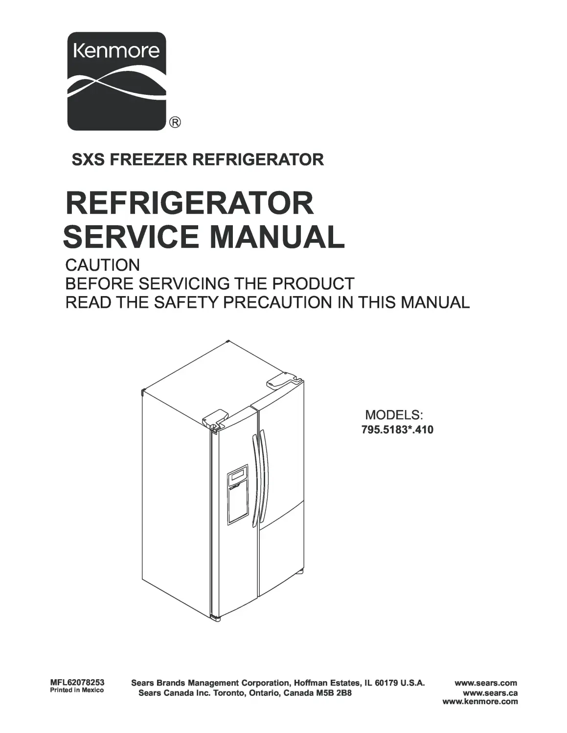 Kenmore 795 51832 51833 51839 service manual cover with model code and showing a line drawing of the refrigerator