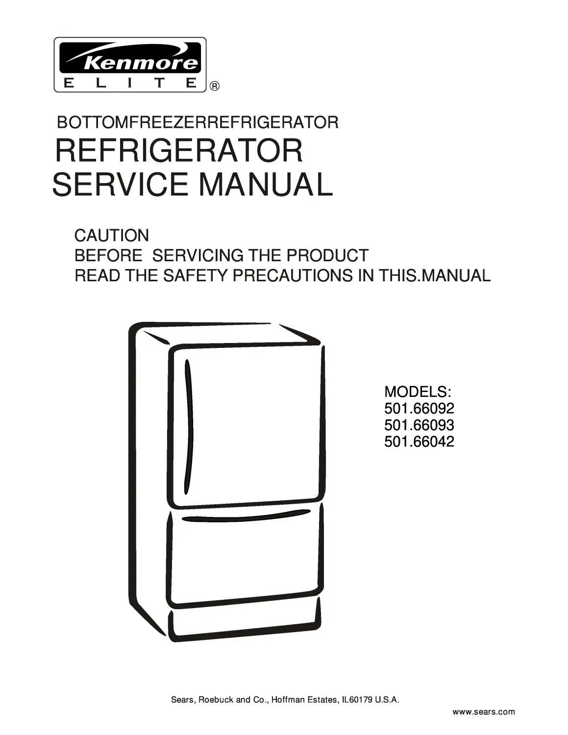 Kenmore 795 66092 66093 66042 service manual cover with model code and showing a line drawing of the refrigerator