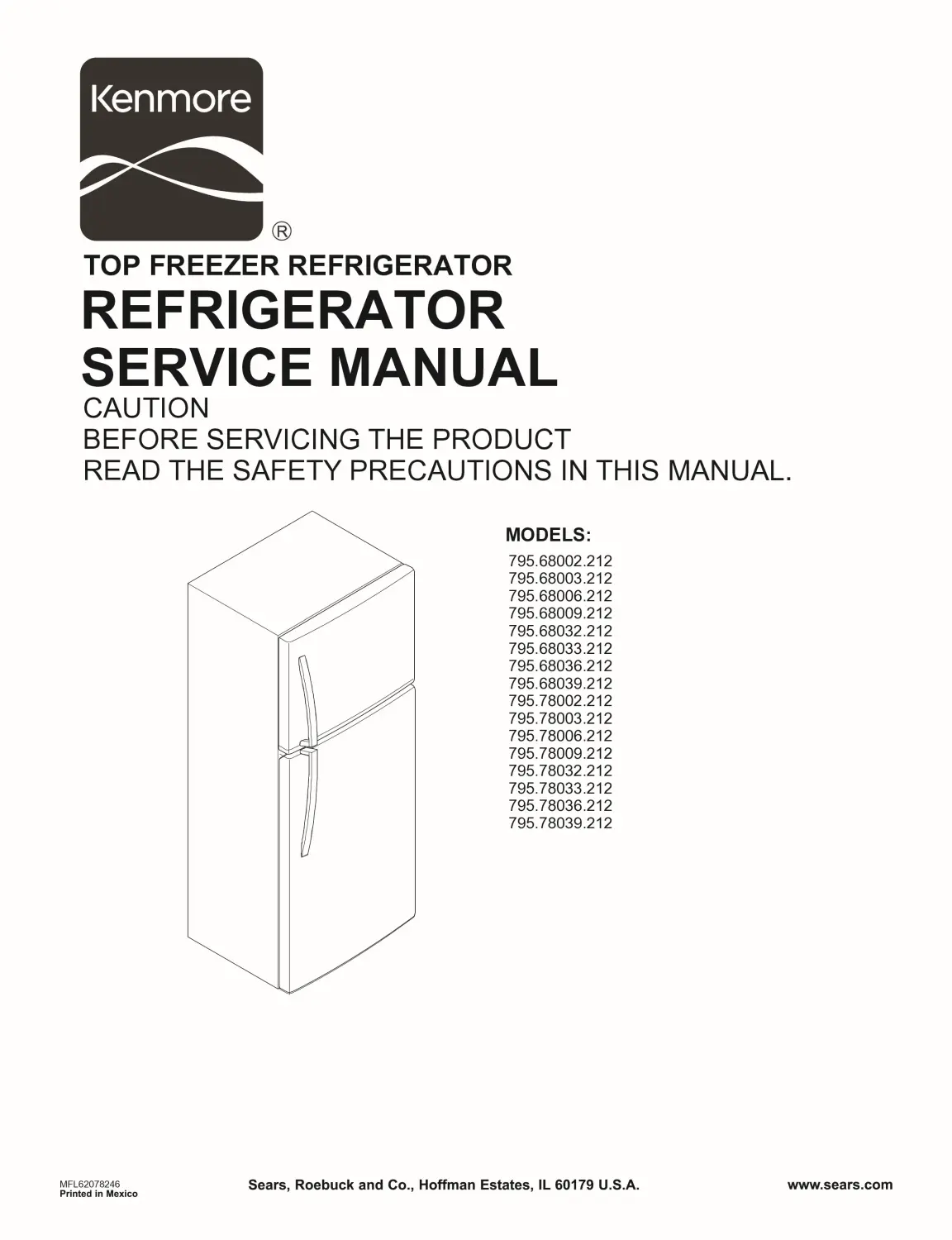 Kenmore 795 68002 68003 68006 68009 212 models service manual cover with model code and showing a line drawing of the refrigerator