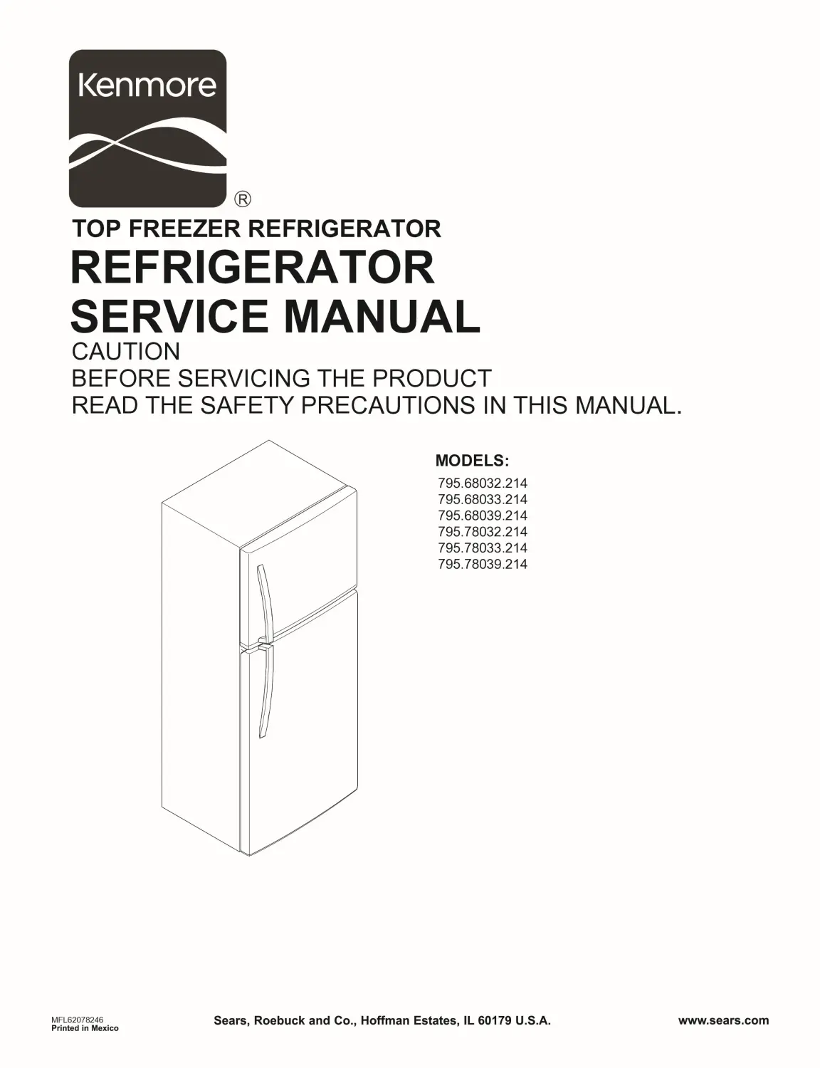 Kenmore 795 68032 68033 68036 68039 214 models service manual cover with model code and showing a line drawing of the refrigerator
