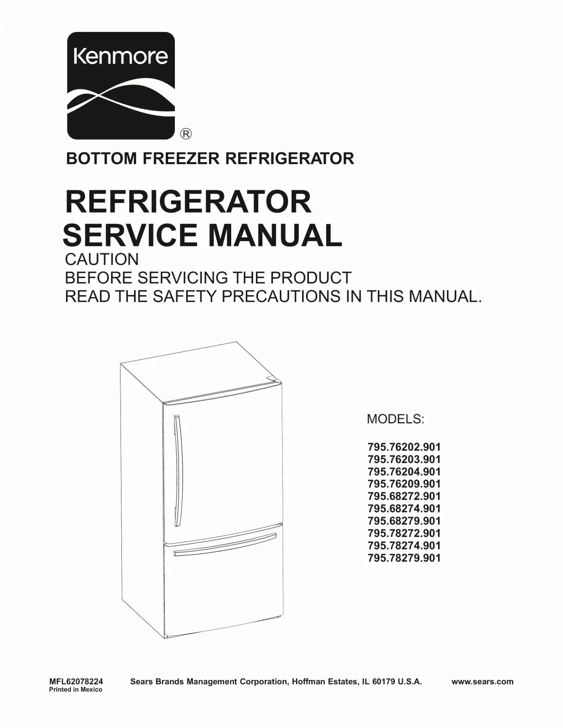 Kenmore 795 68272 68274 68279 78272 78274 78279 service manual cover with model code and showing a line drawing of the refrigerator