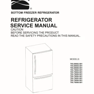 Kenmore 795 69002 69004 69009 79002 79004 79009 service manual cover with model code and showing a line drawing of the refrigerator