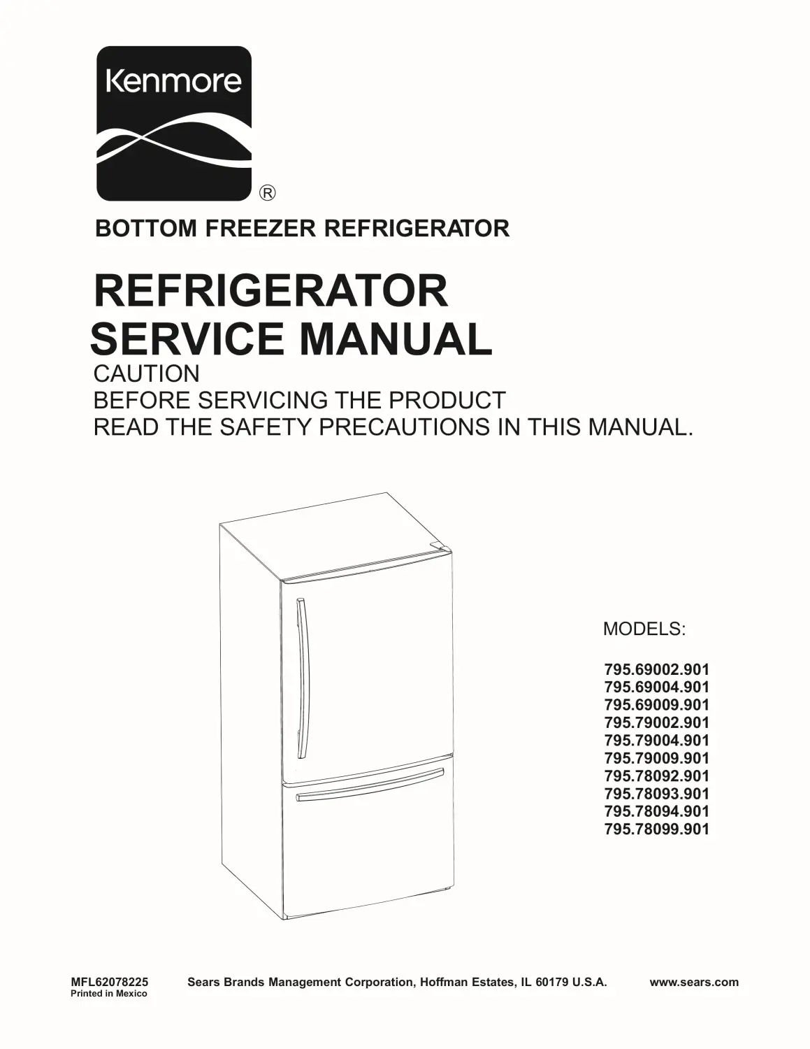 Kenmore 795 69002 69004 69009 79002 79004 79009 service manual cover with model code and showing a line drawing of the refrigerator