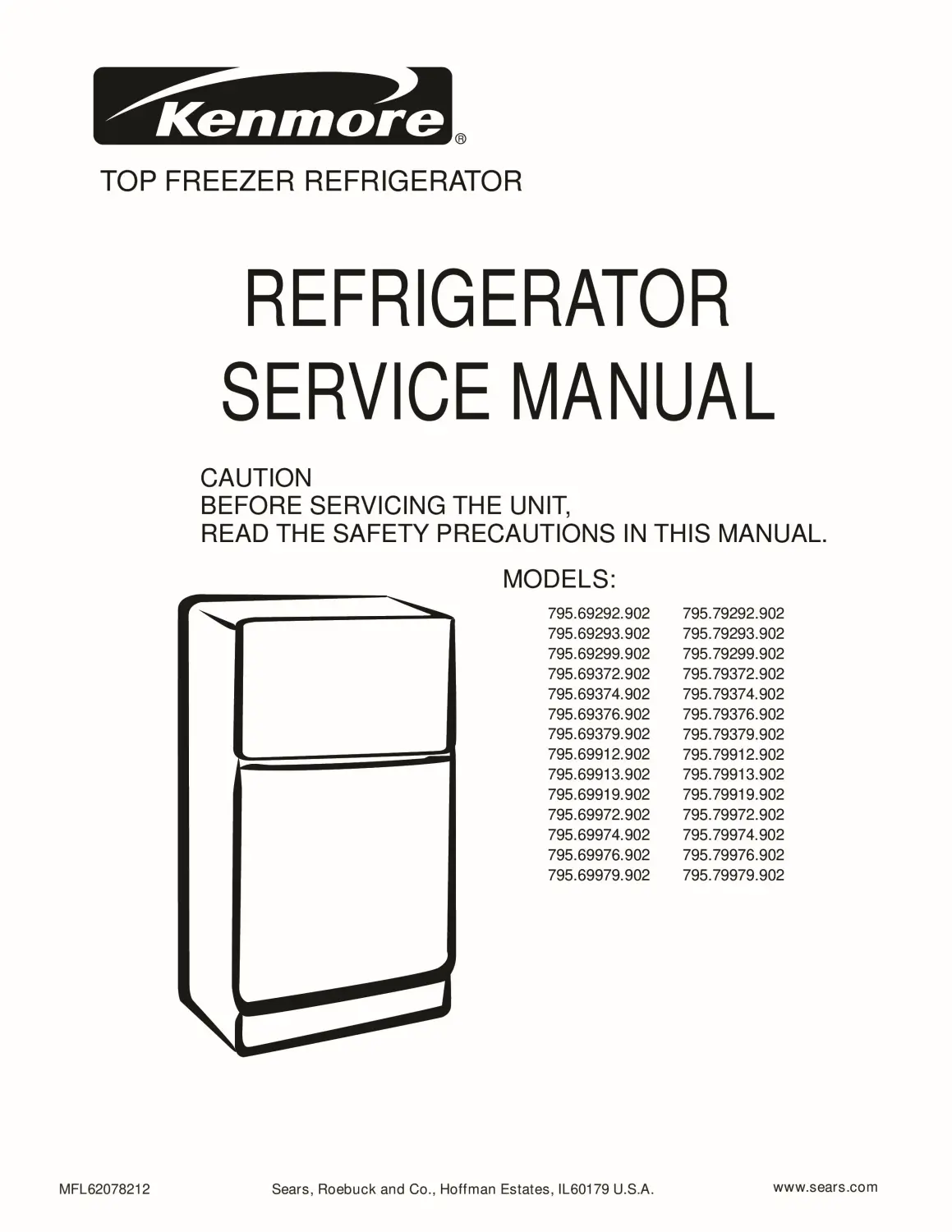 Kenmore 795 69372 69374 69376 69379 902 models service manual cover with model code and showing a line drawing of the refrigerator