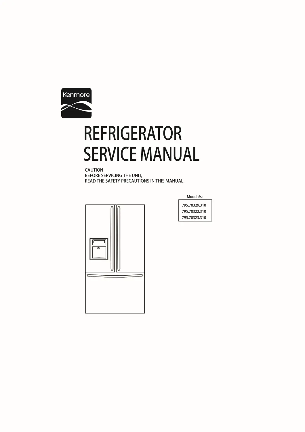 Kenmore 795 70329 70322 70323 service manual cover with model code and showing a line drawing of the refrigerator