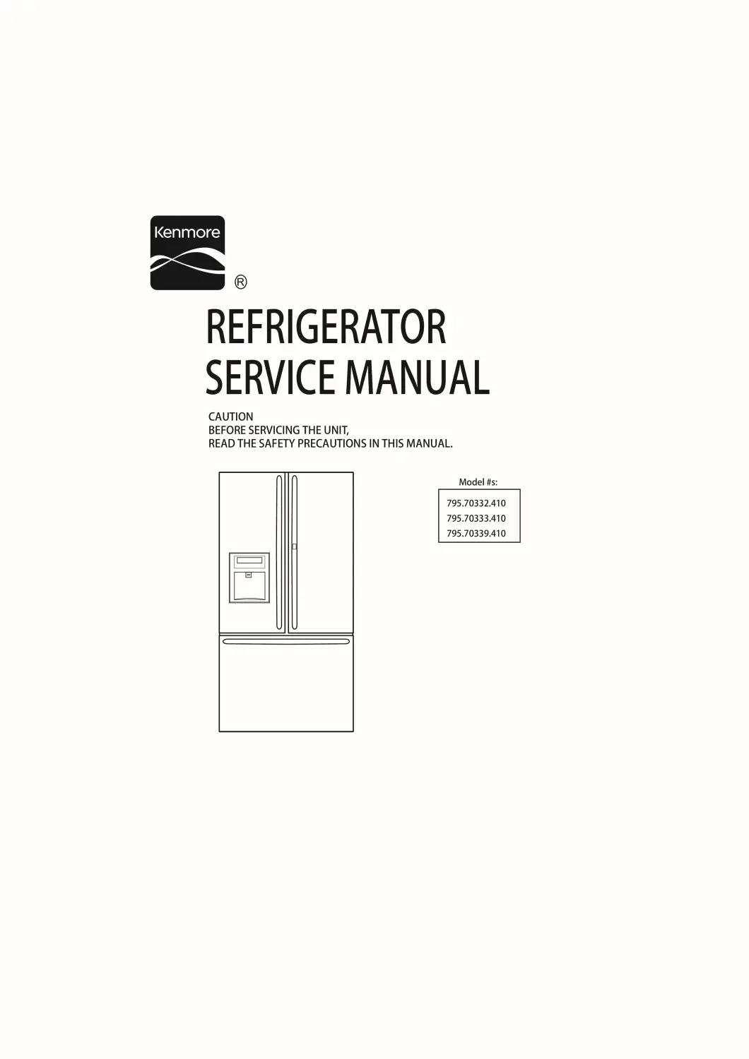 Kenmore 795 70332 70333 70339 service manual cover with model code and showing a line drawing of the refrigerator