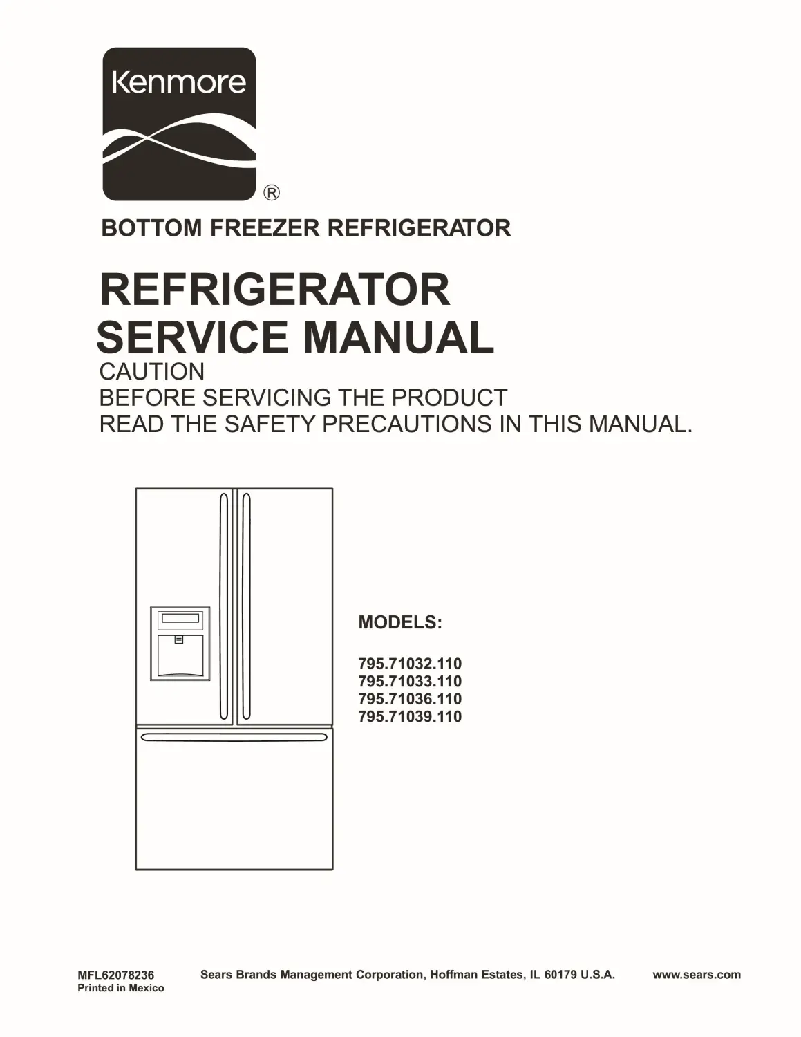 Kenmore 795 71032 71033 71036 71039 110 models service manual cover with model code and showing a line drawing of the refrigerator