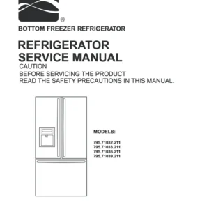 Kenmore 795 71032 71033 71036 71039 211 models service manual cover with model code and showing a line drawing of the refrigerator